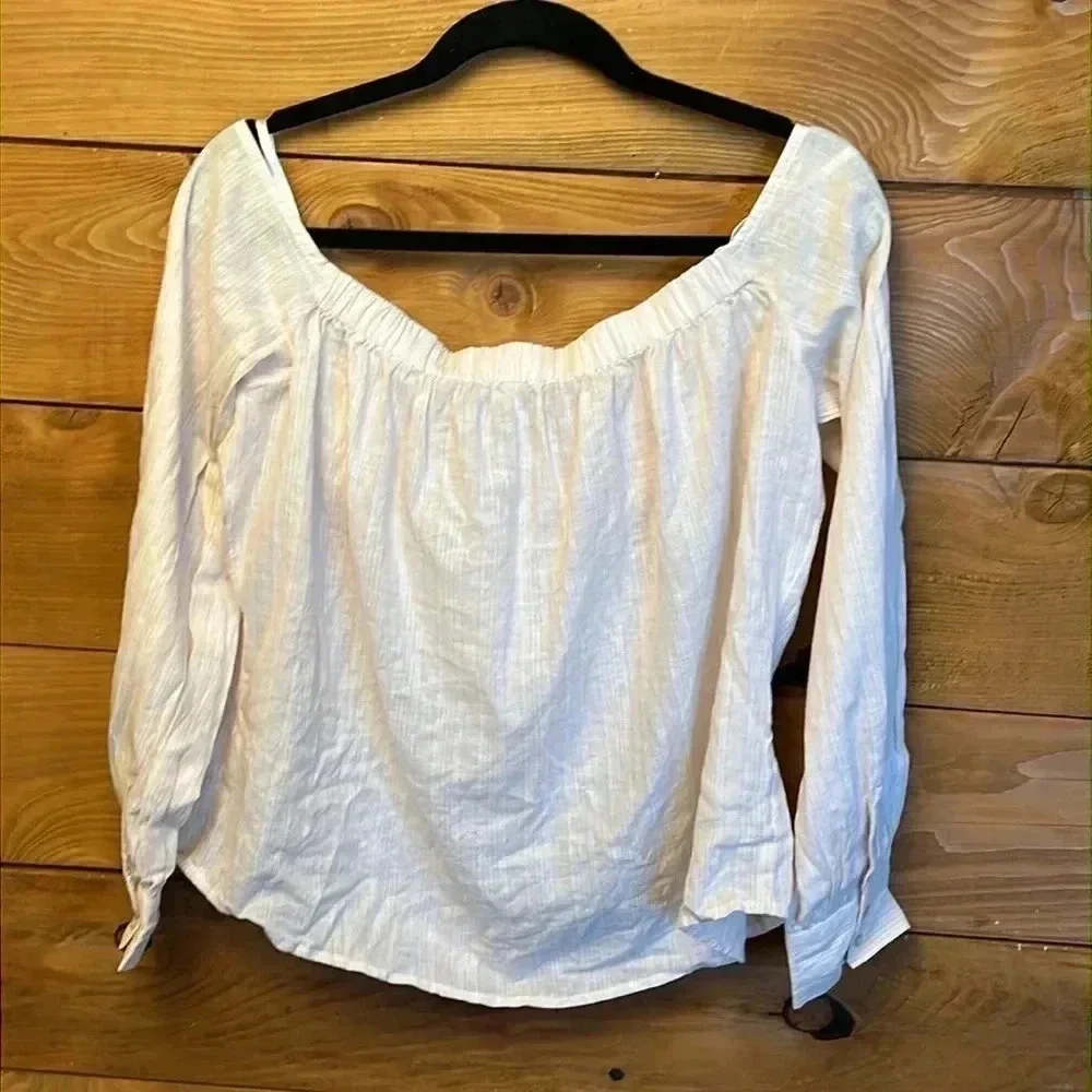 Free People Linen Blend Off The Shoulder Tie Front Blouse Shirt M Boho Cottageco